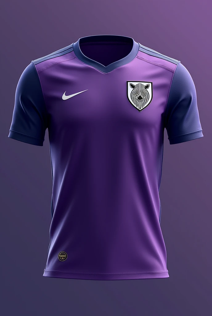 Create a new soccer jersey, the main color being purple, The shirt must be detailed, The shirt must be decorated with navy blue, The shield must have a circular shape, The shield must be minimalist, The shield must have a zebra