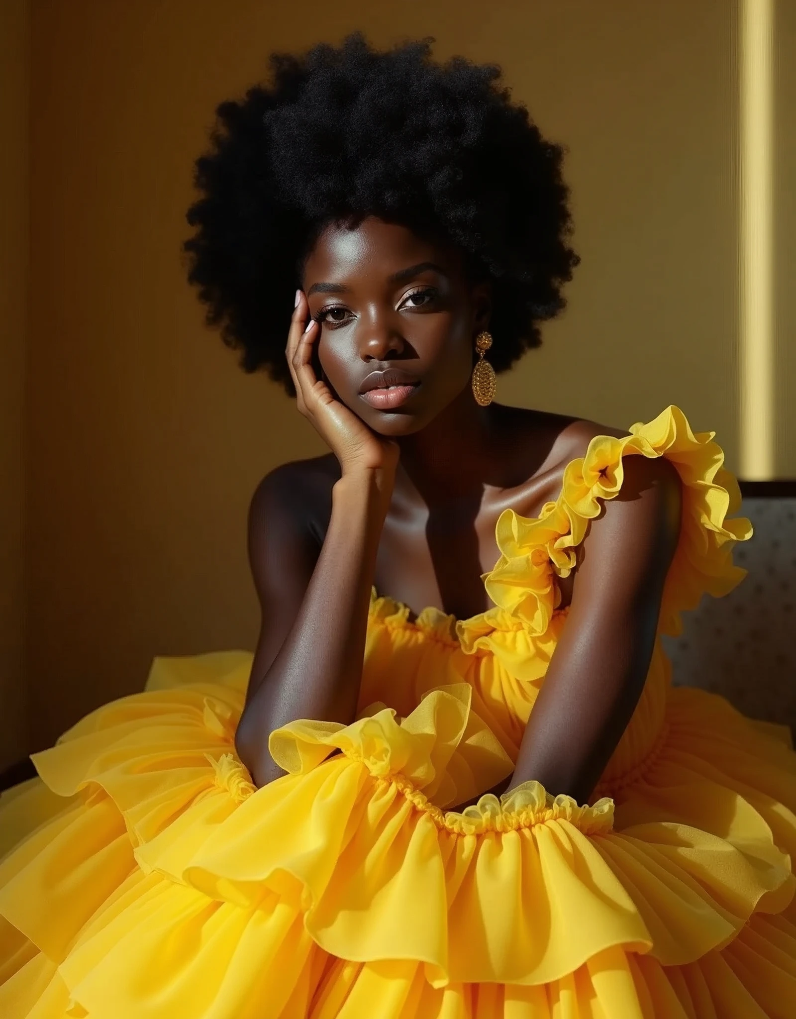 [High-resolution editorial fashion photography], [Black female model with deep ebony skin, natural afro hairstyle, and elegant, understated makeup], [dramatic, voluminous yellow ruffled gown with layered textures, paired with minimalistic gold earrings], [indoor setting with a warm beige background, creating an intimate and subdued atmosphere], [soft, diffused lighting with deep shadows, emphasizing the contrast between the model's skin and the fabric, evoking a moody and contemplative mood], [seated pose with one hand gently touching her face, exuding quiet confidence and poise], [shot on Kodak Portra 800 film], [muted yellow, deep black, and warm beige palette]