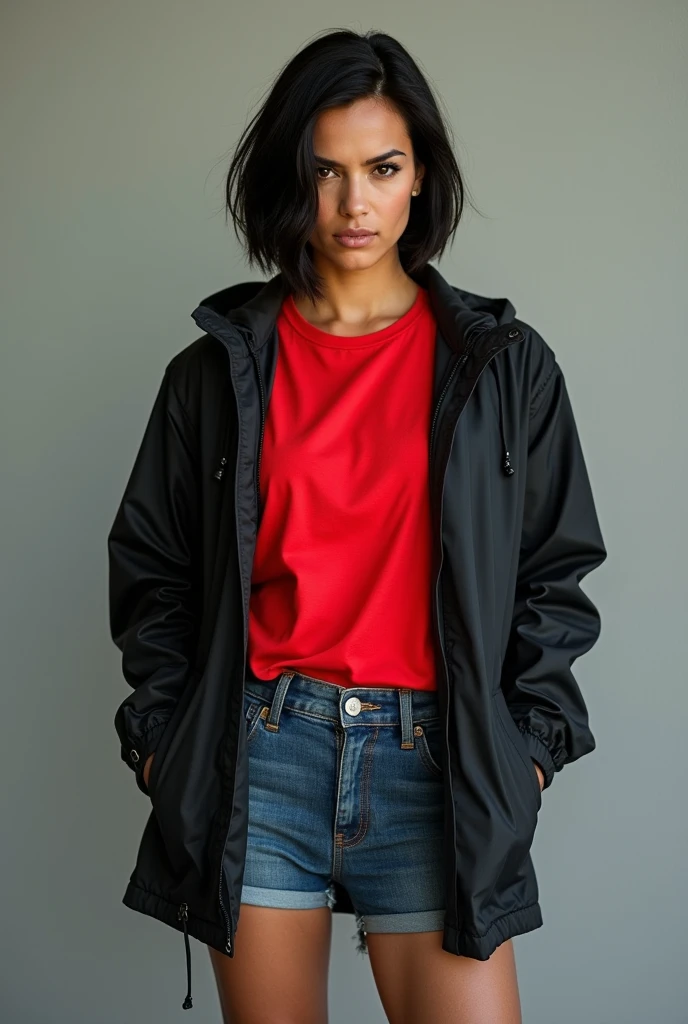 Michelle rodriguez with bob cut hair full body view at age 44,wearing short jeans and black rain jacket,thight red t-shirt inside