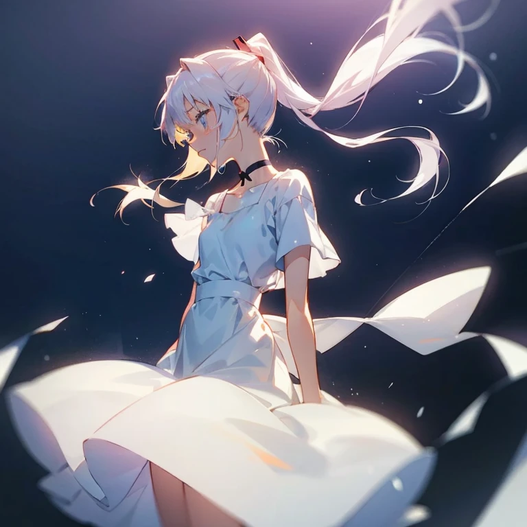 A girl like Asuka from Evangelion ponytail White ribbon White dress profile Are crying But he looks happy The soft light envelops Cross choker around the neck The background is a starry sky