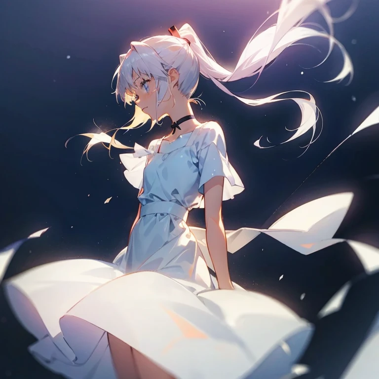 A girl like Asuka from Evangelion　ponytail　White ribbon　White dress　profile　Are crying　But he looks happy　The soft light envelops　Cross choker around the neck　The background is a starry sky