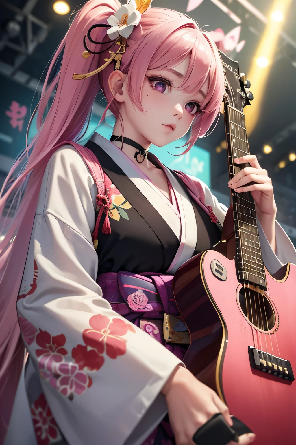 masterpiece, best quality, very detailed, high resolution, expensive resolution, high resolution, 4K, 8k, Unity 8k wallpaper, highly detailed CG, masterpiece, 2D, 3D, beautiful details, depth, fine texture, best quality: 1.3, perfect focus, crispy skin, he,
Very cute anime girl, girl playing guitar vocals in a band wearing a Japanese fancy floral haori hakama, on outdoor stage, full body, expensive pink twin tail hair, mole under eye, looking at the viewer, expensive, blush, mole, lips open, , heart choker, pink eyes, guitar vocals, stage