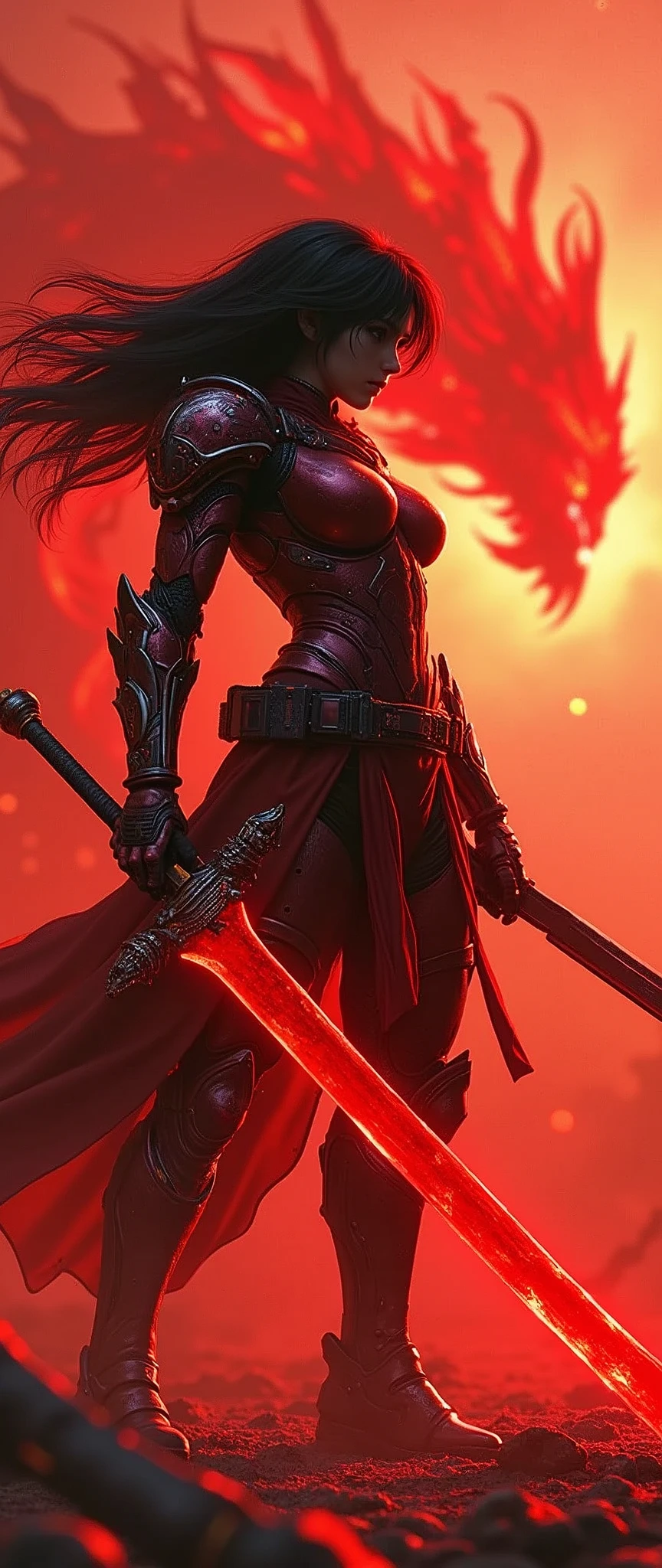 (masterpiece:1.2, Highest quality,High resolution,Super detailed),8k,wallpaper,(Very detailed),(Armored Core Style),Woman in ninja robot armor,Black Hair,Random Hairstyles,(Flame Ninja),(Red body),(Detailed face:1.3),(Detailed body:1.3),(Cowboy Shot:1.6),(The background is a red battlefield with a translucent dragon made of summoned flames.:2.0),Hair blowing in the wind,cyber punk,(dynamic),(Preparing for battle,Giant sword:1.2,The electronic parts of the armor glow.:1.6),(Detailed hands:1.6),(Flashy special move effects:2.0)