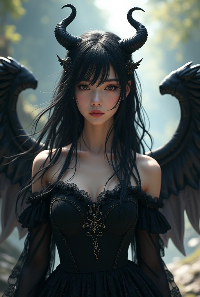 Ultra-high resolution, Clear face, (Reality: 1.4), perfect lighting,(photorealistic), anime wallpaper, Guviz style artwork, fantasy to magic cover, beautiful artwork illustration, beautiful digital artwork, beautiful digital illustration , beautiful portraits, illustrations, delicate and beautiful, highly detailed, fine details, official art, highly detailed unity 8k CG wallpapers, highly detailed, high resolution, highly detailed, highly detailed eyes and faces, beautifully detailed eyes, cinematic lighting, 25 year old woman,1girl, solo, long hair, black hair, Twin horns, dress, black dress, wings, standing, (upper body), photo realistic:1.5,majic realistic, (tambahan kan textured Mr,x),
