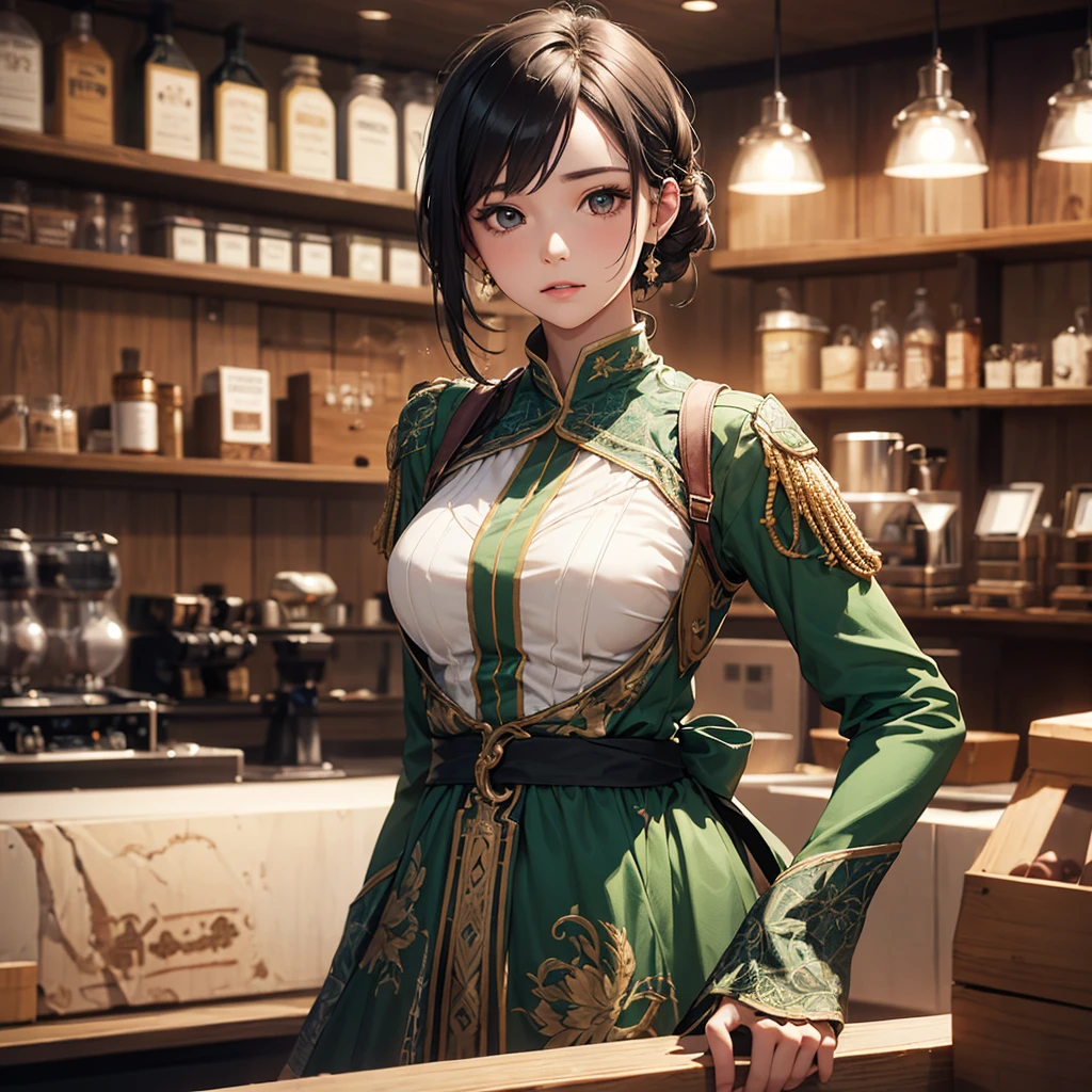 CG, Unity, 8k, wallpaper, Highest quality, masterpiece, Lovely lady, 18-year-old, (Realistic), Best lighting, Complex pupil, Intricate weaving, Detailed Background,(Barista 1.5),Transparent sleeves、(Delicate clothing with intricate patterns and decorations),A composition that shows the whole body,One Woman、(Battle costume:1.5)、Green sleeves outfit、(Decoration inspired by foam and coffee beans)、(Brown apron:1.1)