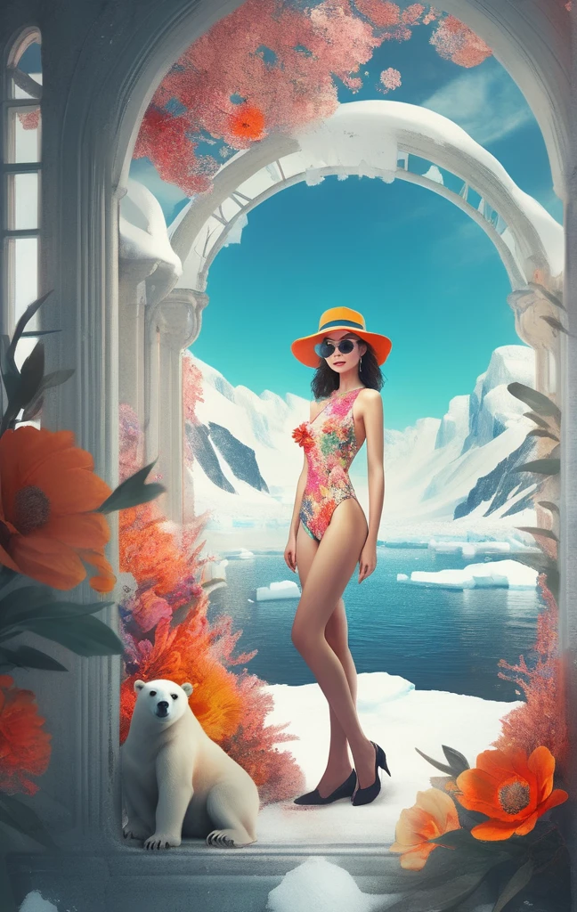 Beautiful woman in a swimsuit made of flowers, He is wearing a hat and large black sunglasses, She gracefully poses for a full-body shot surrounded by the Antarctic cityscape.. Digital art style、Featuring vibrant colors and detailed illustrations。. Fantasy backgrounds include fantasy architecture, A fantastic city with buildings in the distance, Drawn in a cute and elegant style. Dynamic Angle,polar bear、penguin、Eskimos are also depicted.