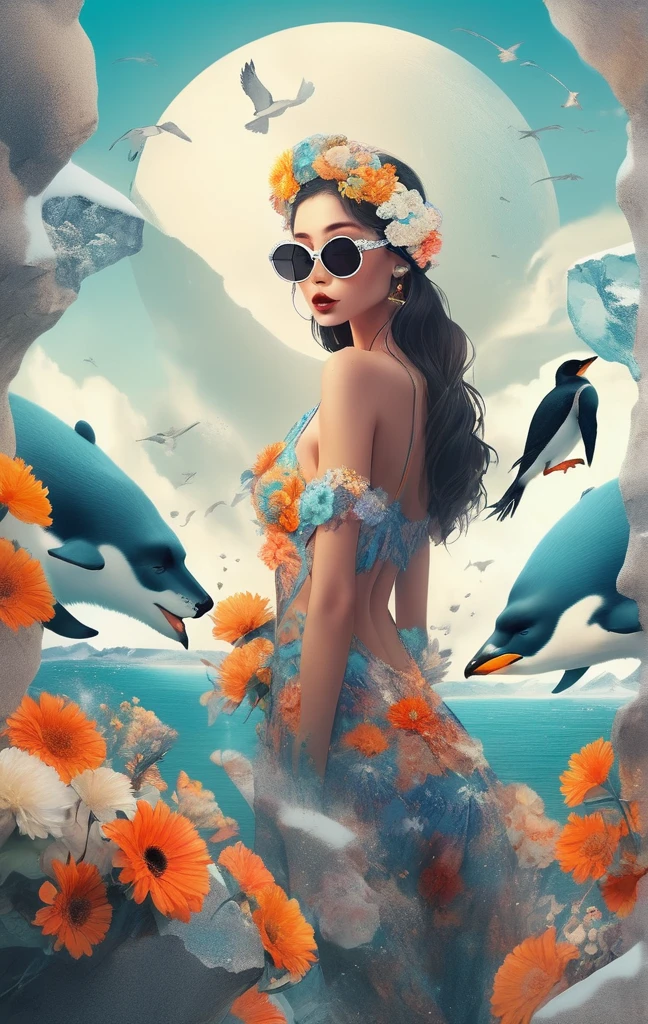 Beautiful woman in a swimsuit made of flowers, He is wearing a hat and large black sunglasses, She gracefully poses for a full-body shot surrounded by the Antarctic cityscape.. Digital art style、Featuring vibrant colors and detailed illustrations。. Fantasy backgrounds include fantasy architecture, A fantastic city with buildings in the distance, Drawn in a cute and elegant style. Dynamic Angle,polar bear、penguin、Eskimos are also depicted.