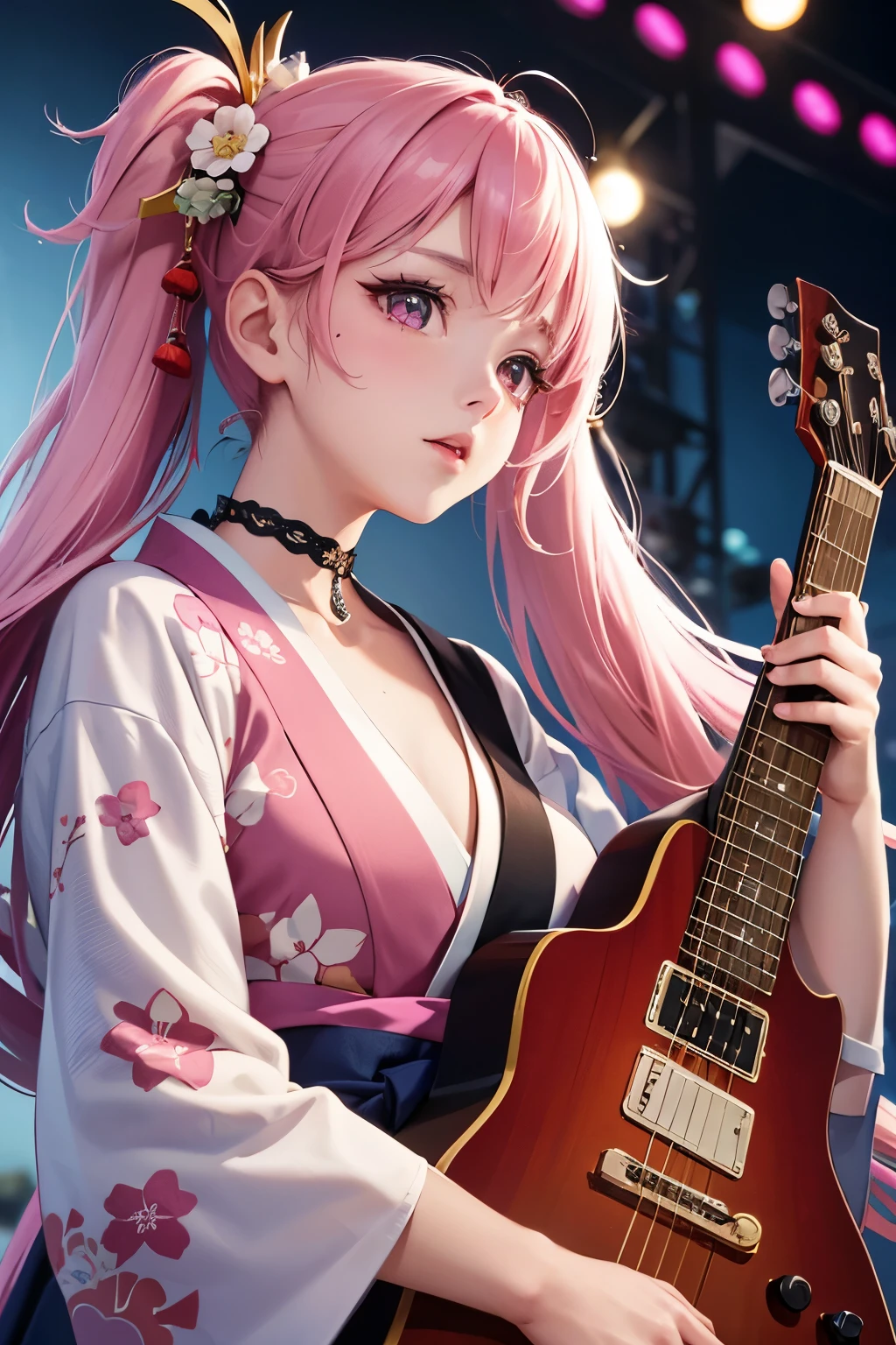 masterpiece, best quality, very detailed, high resolution, expensive resolution, high resolution, 4K, 8k, Unity 8k wallpaper, highly detailed CG, masterpiece, 2D, 3D, beautiful details, depth, fine texture, best quality: 1.3, perfect focus, crispy skin, he,
Very cute anime girl, girl playing guitar vocals in a band wearing a Japanese fancy floral haori hakama, on outdoor stage, full body, expensive pink twin tail hair, mole under eye, looking at the viewer, expensive, blush, mole, lips open, , heart choker, pink eyes, guitar vocals, stage