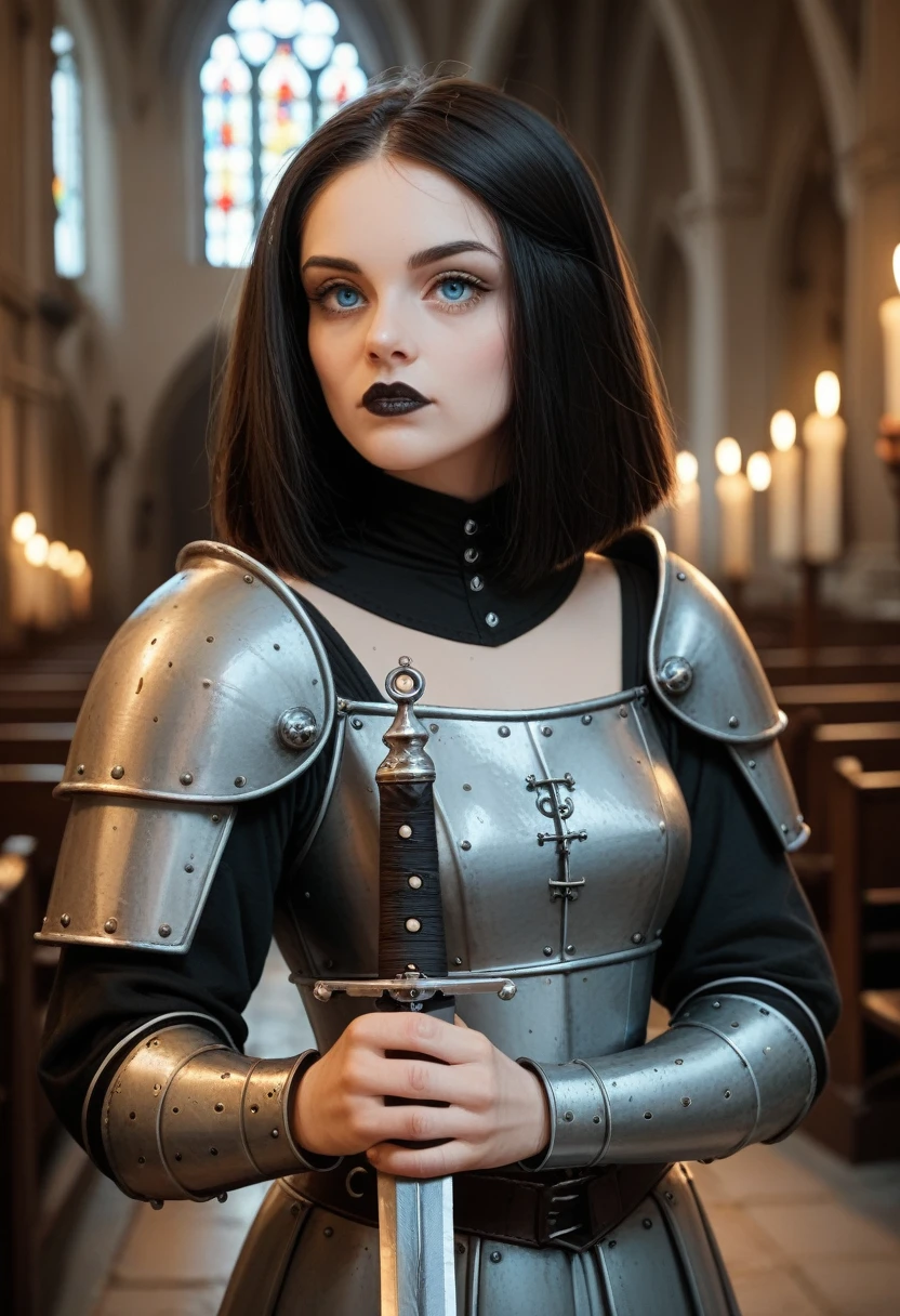 blonder woman,blue eyes,gothic, classic black bob hair,black lipstick,wearing medieval armor,holding a sword,in old church
