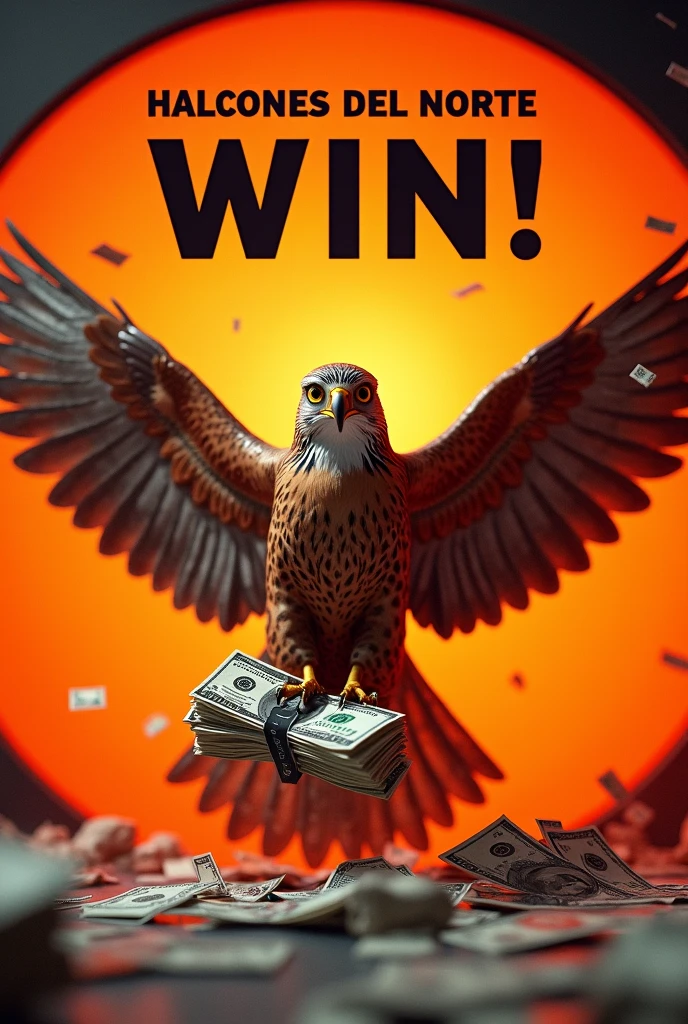 Create a realistic image of a falcon in.full war inside a large bright orange circle with open wings clutching a wad of dollars with its claws and on top a text in Spanish in black that says HALCONES DEL NORTE WIN
