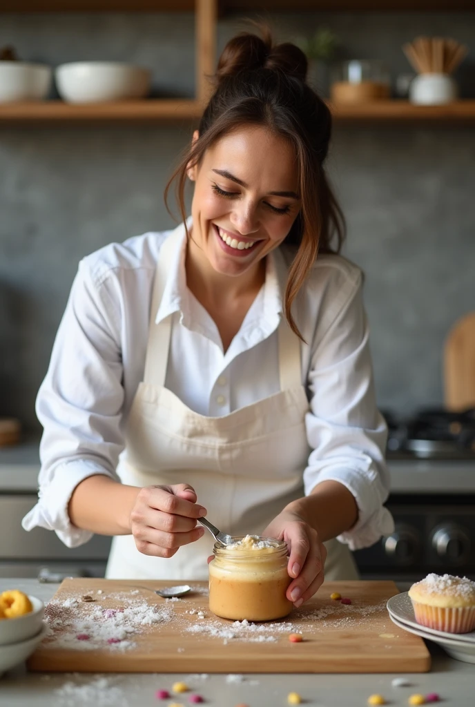 happy smiling woman. entrepreneur, working in the kitchen as a pastry chef making cake in a jar