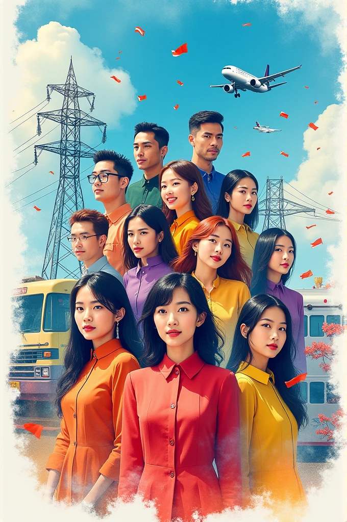 triple exposure, vibrant watercolor abstract sketch, colorspillexplosions, softsmile gorgeous indonesia 9maleandfemales various costumes, motivated while looking straight confidently to the viewer, high tension power installations, workers, bus, train, flying aeroplane, sailing modern ship, lot of tiny redwhiteflags, background brightskyblue sky,