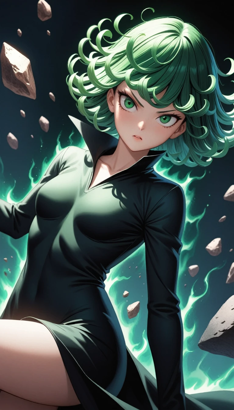 (work of art, best qualityer, very aesthetic, ultra detaild), details Intricate,
1 girl, tatsumaki, One punch man, black clothing, Aura, floating, floating rock, telekinesis, cinematic angle