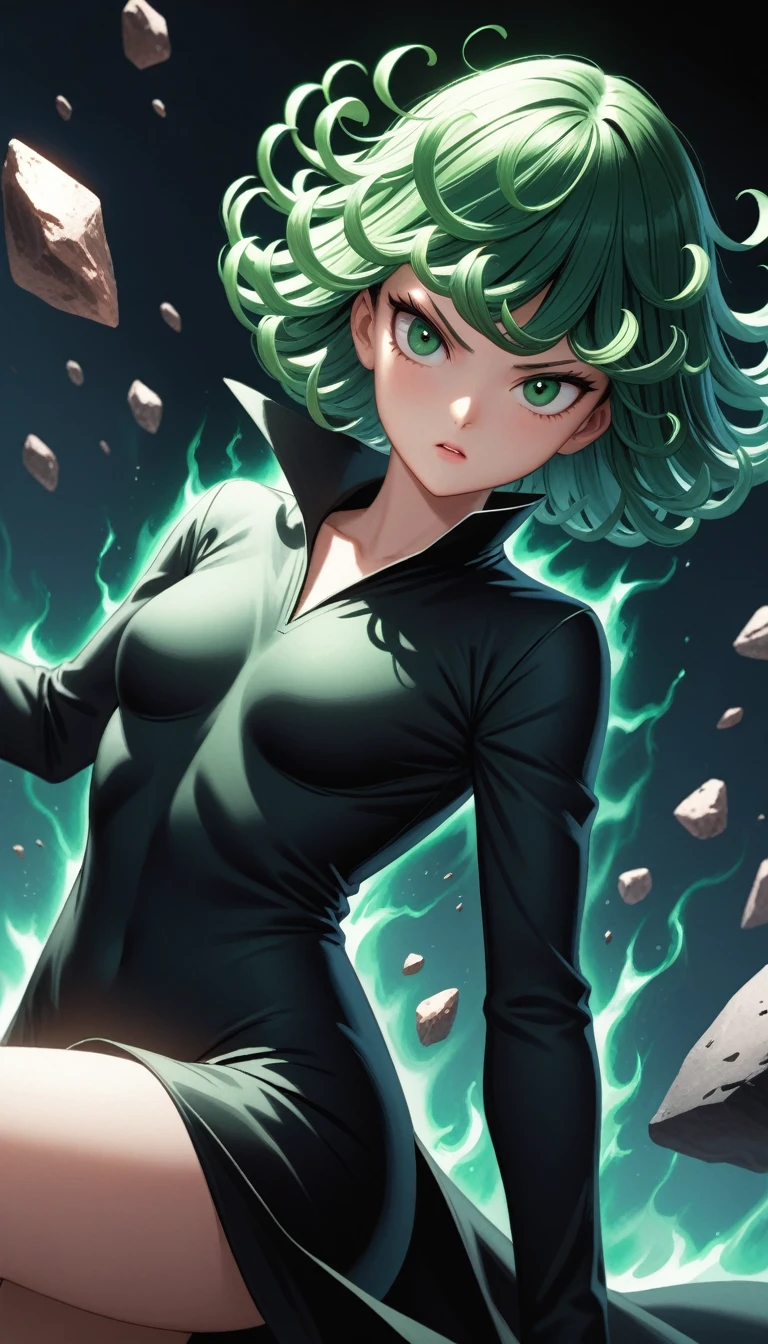 (work of art, best qualityer, very aesthetic, ultra detaild), details Intricate,
1 girl, tatsumaki, One punch man, black clothing, Aura, floating, floating rock, telekinesis, cinematic angle