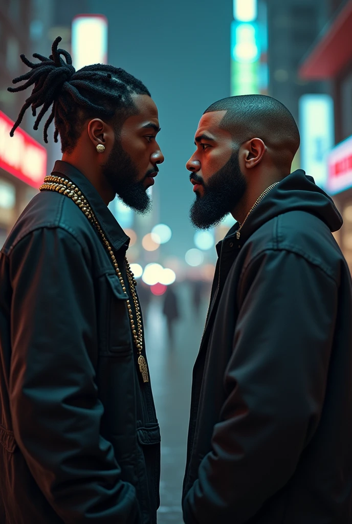 (((Masterpiece))), Sharp focus, ultra realistic,Super Resolution,Photo of 2 guys sitting at a bar, gangsta-style men, reminiscent of Jedi from Star Wars, are sitting at a bar in a cyberpunk setting in the year 2527. They are wearing capes, adding an air of mystique to their presence. The scene is captured from behind, focusing on their backs as they sit at the bar. The environment features a futuristic, high-tech atmosphere with neon lights, bioluminescent elements, and a touch of magic. The lighting is cinematic, with sharp focus, depth in vision, and vivid details that enhance the realism and otherworldly feel of the scene. (depth of field 1.3), shady ambiance
