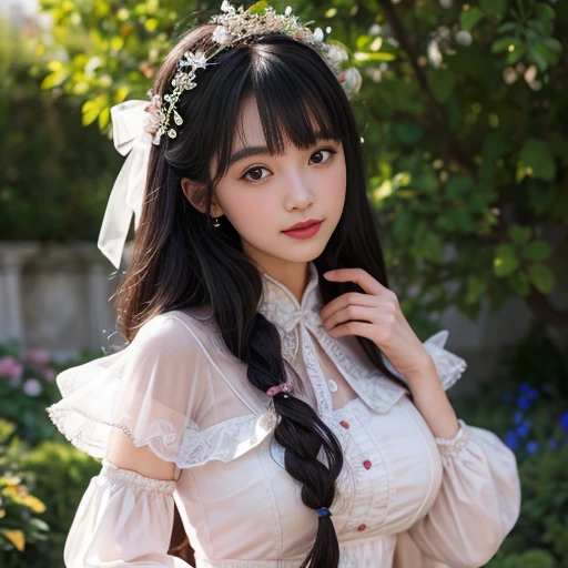 best quality, Delicate face,beautiful visual work, lifelike, eternity, black hair, Long curly hair, blunt bangs, Smile, Detailed Background, Delicate face,blush,cold,((masterpiece))、(top quality)、8k、high detail、Super detailed,31-year-old female,ta dress, layered dress, Lots of bows on the dress,Pink dress,masterpiece、born、Scenes resembling fairy tale illustrations、intricate details和複雜的設計、Beautifully、magic、capricious、 Beautifully、Dream aesthetics、「𝓡𝓸𝓶𝓪𝓷𝓽𝓲𝓬、ethereal、charming、fickle、magic」、realism、Visual effects、FXAA、SSAO、Shader、voiceless、ambient lighting、Tone mapping、High resolution、Ultra high quality、Million pixels、(8K resolution:1.10)、8k、8k以下、8K resolution、high detail、intricate details, (high quality:1.2、masterpiece:1.2、:1.21)、(31-year-old female:1.21)、(興奮地Smile)、(Surrounded by a dreamy atmosphere、Model diagram,full-body shot,Normal 2 feet,Put your hands behind you,The protrusion of the breast is visible when wearing clothes, Large Breasts, H cup chest, in the garden