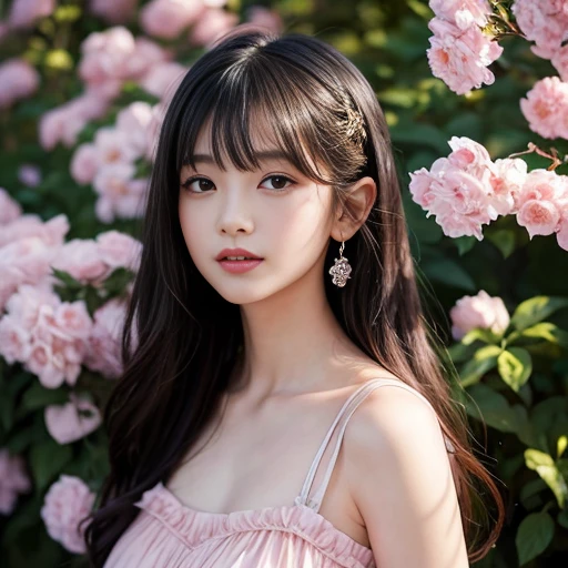best quality, Delicate face,beautiful visual work, lifelike, eternity, black hair, Long curly hair, blunt bangs, Smile, Detailed Background, Delicate face,blush,cold,((masterpiece))、(top quality)、8k、high detail、Super detailed,31-year-old female,lolita dress, layered dress, Lots of bows on the dress,Pink dress,masterpiece、born、Scenes resembling fairy tale illustrations、intricate details和複雜的設計、Beautifully、magic、capricious、 Beautifully、Dream aesthetics、「𝓡𝓸𝓶𝓪𝓷𝓽𝓲𝓬、ethereal、charming、fickle、magic」、realism、Visual effects、FXAA、SSAO、Shader、voiceless、ambient lighting、Tone mapping、High resolution、Ultra high quality、Million pixels、(8K resolution:1.10)、8k、8k以下、8K resolution、high detail、intricate details, (high quality:1.2、masterpiece:1.2、:1.21)、(31-year-old female:1.21)、(興奮地Smile)、(Surrounded by a dreamy atmosphere、Model diagram,full-body shot,Normal 2 feet,Put your hands behind you,The protrusion of the breast is visible when wearing clothes, Large Breasts, H cup chest, in the garden