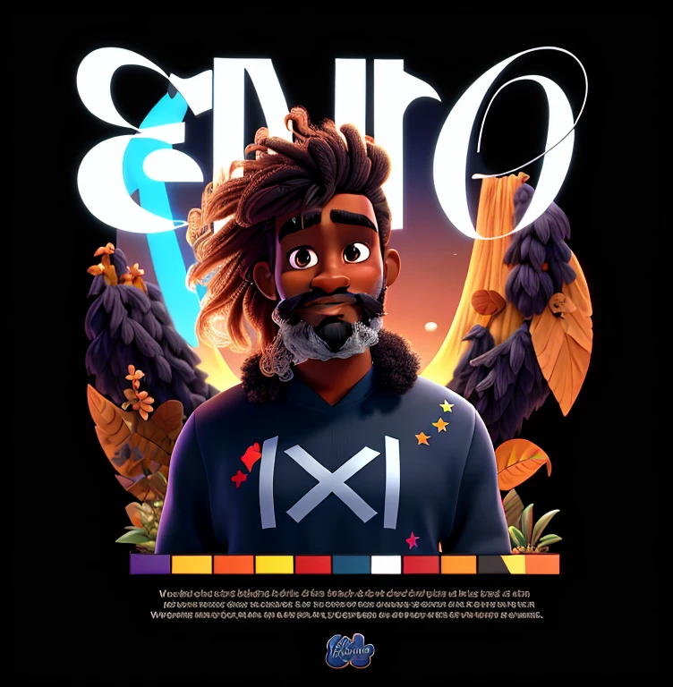 A dark-skinned man, Disney Pixar style, male hair with long bangs, full big beard, mustache, high quality, best quality