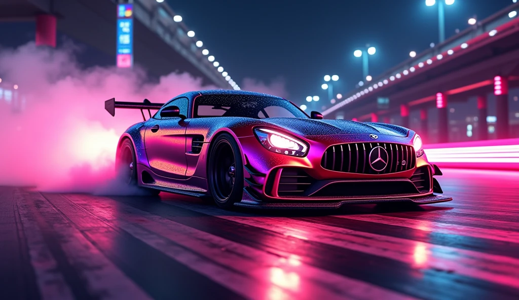 (masterpiece), best quality, ultra-detailed, 8K), race car, street racing-inspired,Drifting inspired, LED, ((Twin headlights)), (((Bright neon color racing stripes))), (Black racing wheels), Wheel spin showing motion, Show car in motion, Burnout, wide body kit, modified car, racing livery, masterpiece, best quality, realistic, ultra highres, (((depth of field))), (full dual colour neon lights:1.2), (hard dual color lighting:1.4), (detailed background), (masterpiece:1.2), (ultra detailed), (best quality), intricate, comprehensive cinematic, magical photography, (gradients), glossy, Night with galaxy sky, Fast action style, fire out of tail pipes, Sideways drifting in to a turn, Neon galaxy metalic paint with race stripes, GTR Nismo, NSX, Porsche, Lamborghini, Ferrari, Bugatti, Ariel Atom, BMW, Audi, Mazda, Toyota supra, Lamborghini Aventador, aesthetic,intricate, realistic,cinematic lighting, Neon Paint, streaks of fire,