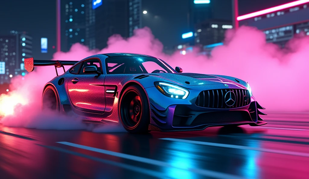 (masterpiece), best quality, ultra-detailed, 8K), race car, street racing-inspired,Drifting inspired, LED, ((Twin headlights)), (((Bright neon color racing stripes))), (Black racing wheels), Wheel spin showing motion, Show car in motion, Burnout, wide body kit, modified car, racing livery, masterpiece, best quality, realistic, ultra highres, (((depth of field))), (full dual colour neon lights:1.2), (hard dual color lighting:1.4), (detailed background), (masterpiece:1.2), (ultra detailed), (best quality), intricate, comprehensive cinematic, magical photography, (gradients), glossy, Night with galaxy sky, Fast action style, fire out of tail pipes, Sideways drifting in to a turn, Neon galaxy metalic paint with race stripes, GTR Nismo, NSX, Porsche, Lamborghini, Ferrari, Bugatti, Ariel Atom, BMW, Audi, Mazda, Toyota supra, Lamborghini Aventador, aesthetic,intricate, realistic,cinematic lighting, Neon Paint, streaks of fire,