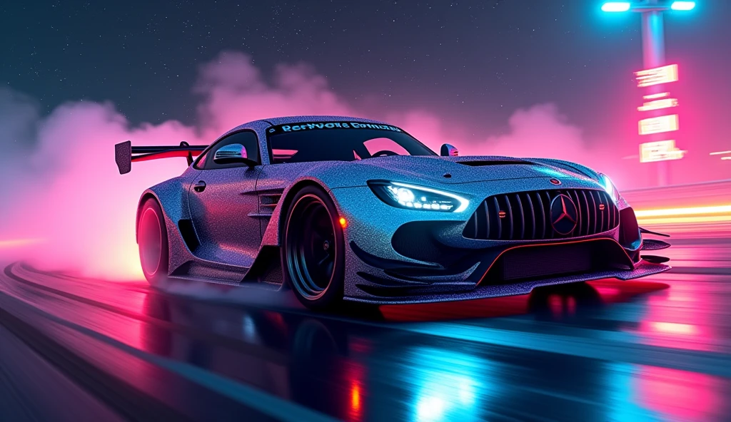 (masterpiece), best quality, ultra-detailed, 8K), race car, street racing-inspired,Drifting inspired, LED, ((Twin headlights)), (((Bright neon color racing stripes))), (Black racing wheels), Wheel spin showing motion, Show car in motion, Burnout, wide body kit, modified car, racing livery, masterpiece, best quality, realistic, ultra highres, (((depth of field))), (full dual colour neon lights:1.2), (hard dual color lighting:1.4), (detailed background), (masterpiece:1.2), (ultra detailed), (best quality), intricate, comprehensive cinematic, magical photography, (gradients), glossy, Night with galaxy sky, Fast action style, fire out of tail pipes, Sideways drifting in to a turn, Neon galaxy metalic paint with race stripes, GTR Nismo, NSX, Porsche, Lamborghini, Ferrari, Bugatti, Ariel Atom, BMW, Audi, Mazda, Toyota supra, Lamborghini Aventador, aesthetic,intricate, realistic,cinematic lighting, Neon Paint, streaks of fire,