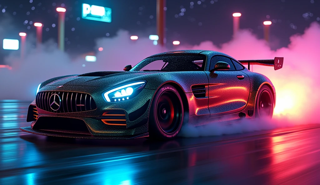 (masterpiece), best quality, ultra-detailed, 8K), race car, street racing-inspired,Drifting inspired, LED, ((Twin headlights)), (((Bright neon color racing stripes))), (Black racing wheels), Wheel spin showing motion, Show car in motion, Burnout, wide body kit, modified car, racing livery, masterpiece, best quality, realistic, ultra highres, (((depth of field))), (full dual colour neon lights:1.2), (hard dual color lighting:1.4), (detailed background), (masterpiece:1.2), (ultra detailed), (best quality), intricate, comprehensive cinematic, magical photography, (gradients), glossy, Night with galaxy sky, Fast action style, fire out of tail pipes, Sideways drifting in to a turn, Neon galaxy metalic paint with race stripes, GTR Nismo, NSX, Porsche, Lamborghini, Ferrari, Bugatti, Ariel Atom, BMW, Audi, Mazda, Toyota supra, Lamborghini Aventador, aesthetic,intricate, realistic,cinematic lighting, Neon Paint, streaks of fire,
