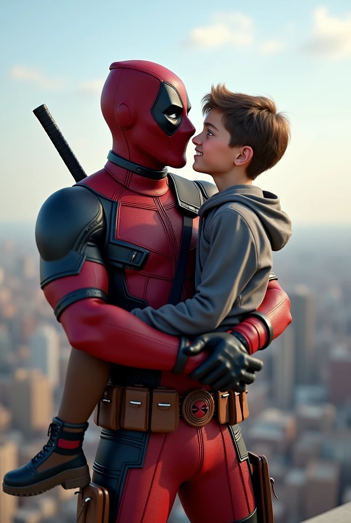 A cool Deadpool wallpaper in which Deadpool is carrying a smart and a bit tall 14 year old boy in his arms and they are happy and kind of sexy and Deadpool is trying kissing or touching nose and they are at heights full body and whether is clear realistic and they are happy 
