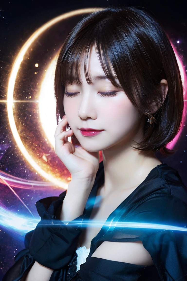 Fantasy style girl, short hair, eyes closed, magic circle background, high quality, masterpiece, sexy