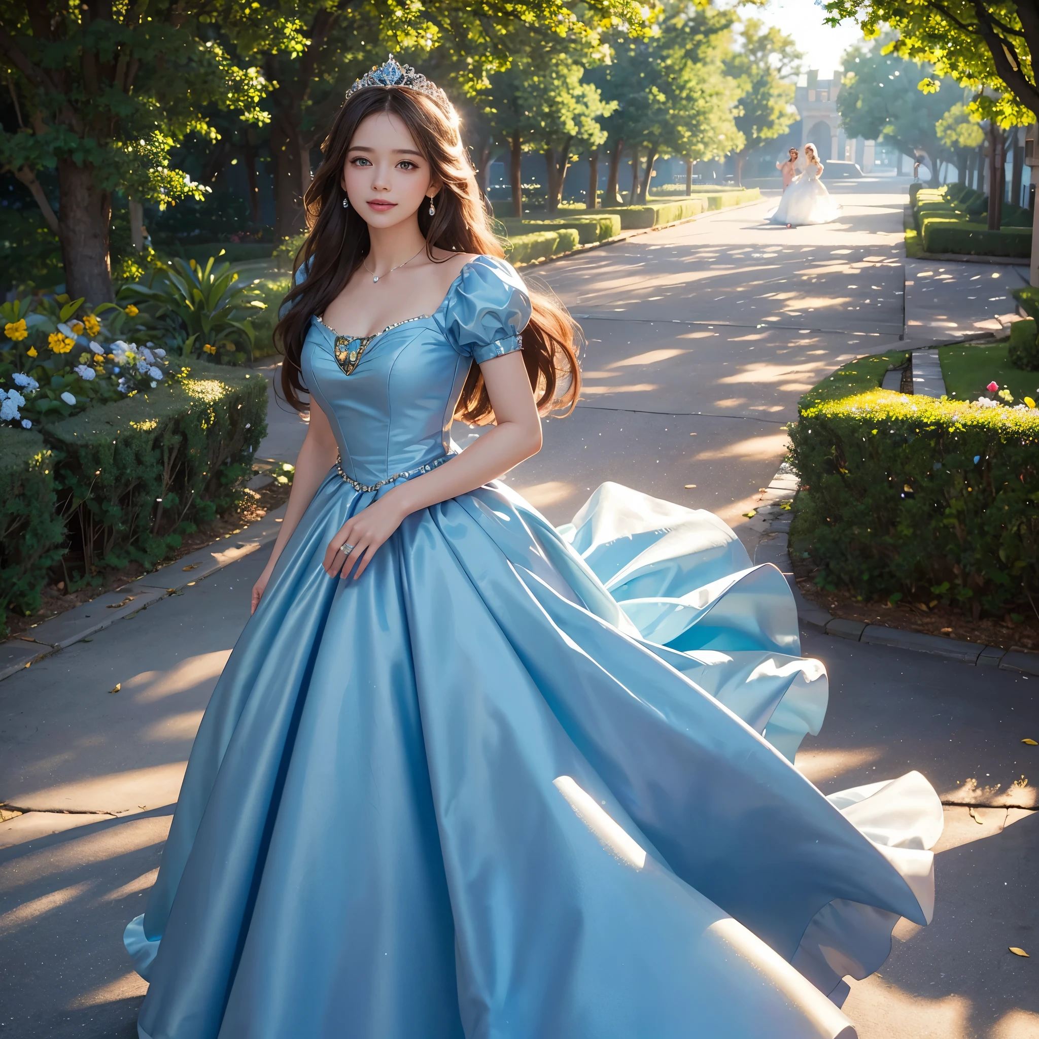 best quality, masterpiece, 1 girl, Very pretty, Disney's Cinderella, long hair, A huge laugh, cute teen, shiny lips, sweet, sun glare, Conservative attire, Blue dress, Bridal Tiara, depth of field, blurred background, Ballroom background, light particles, strong wind, head tilt