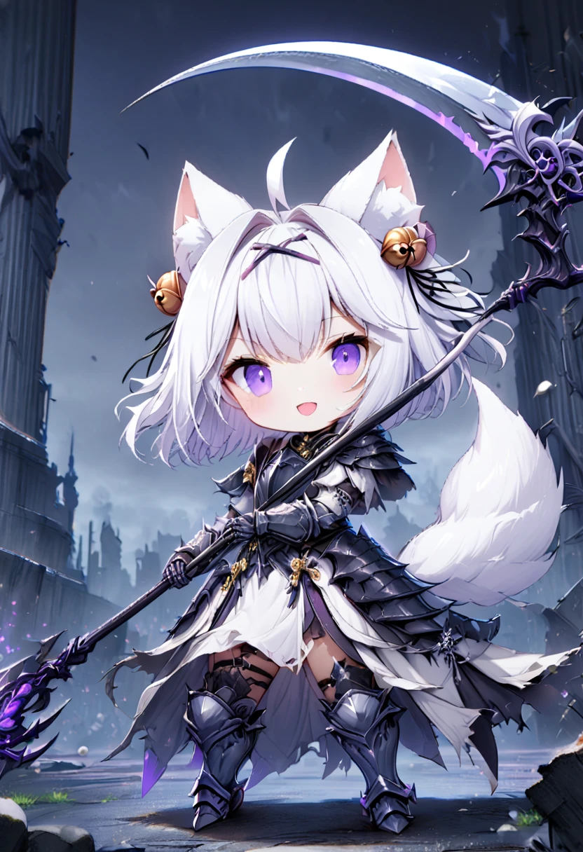 master piece, best quality, ultra-detailed, illustration, 1girl, solo, chibi, (big head), cute pose, front view, looking at viewer, ((full body Close up)), filian, filianoverall, Filiansailor, ((white hair)) , short hair, shoulder length hair, fly-away hair, bangs, hairclip, purple hair ornament, cat ears, (hair bell:1.3) ahoge, purple eyes, open mouth, smiling, (white fox tail), (knight outfit), knight's armor, metal breastplate, armored gloves, wielding scythe , GLOWING WEAPON , metal greaves, armored boots, battlefield, gloomy atmosphere, broken castle, broken walls, ruins