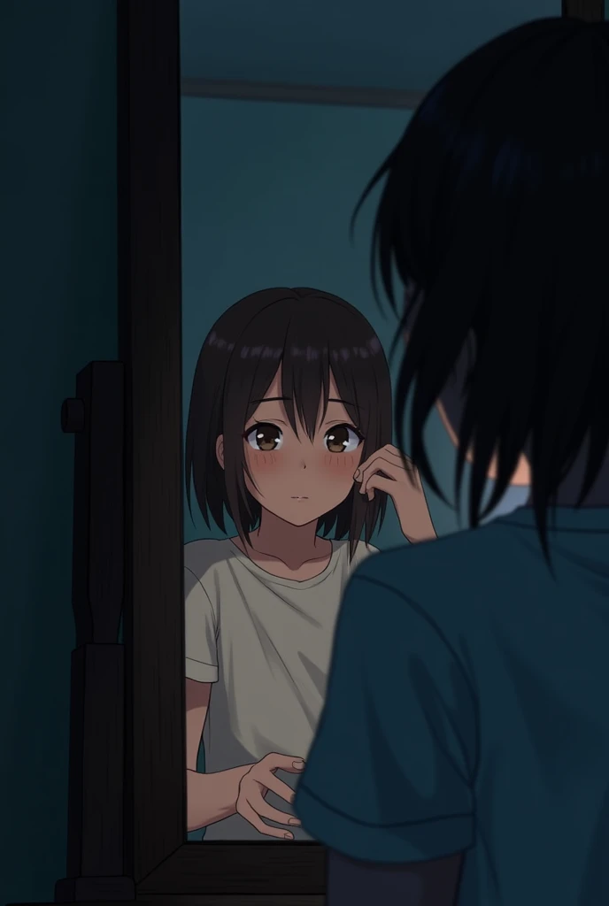 A female student, in her dark room. Looking into her vanity mirror with only dim lights. Her face is blurry, medium dark brown hair
