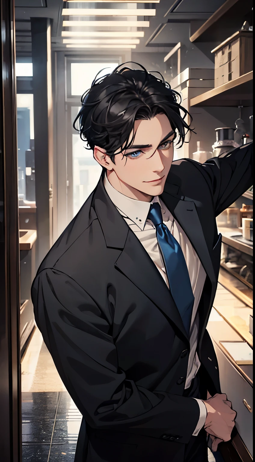 a mature man with short grey Black hair, blue eyes, 31 years, and a perfect face, smiling in love, CEO, cinematic lighting, 1:4 HDR image, top view, ultra detailed, best quality, masterpiece, 8K, photorealistic, beautiful image