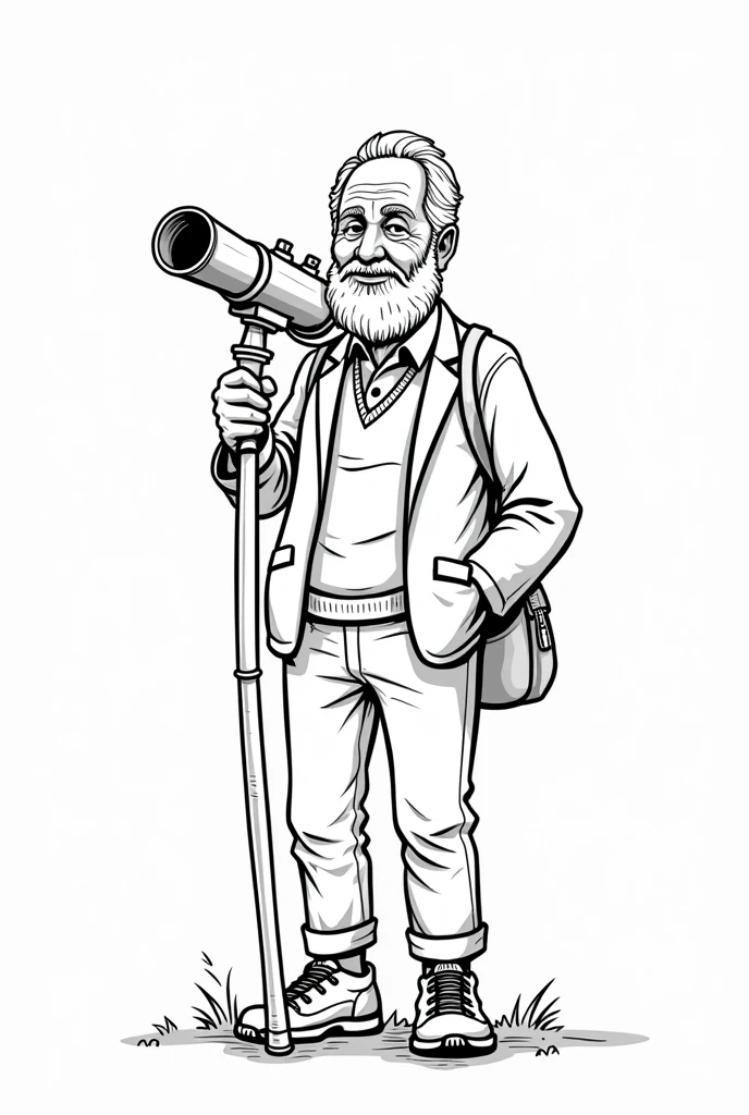 Create a black and white cartoon of a grandfather, to color, with a telescope, a lapiaz and a notebook, a map of colombia