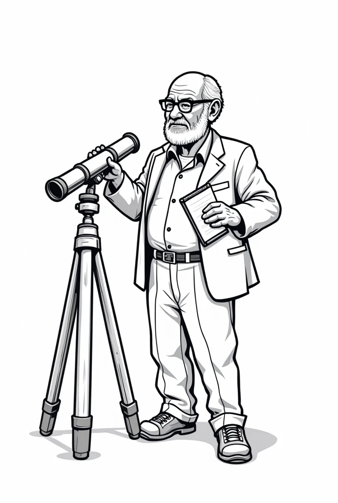 Create a black and white cartoon of a grandfather, to color, with a telescope, a lapiaz and a notebook, a map of colombia