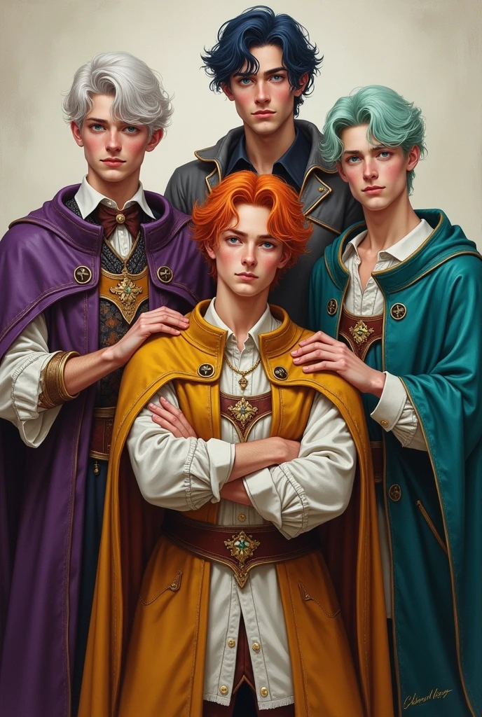Create a painting of five 27-year-old men with medieval appearance and clothing who are posing playfully from the front. The first one has platinum hair, light grey eyes and pale skin. The second one has dark purple hair, emerald green eyes and pale cinnamon skin. The third one has bright orange hair, amber or golden eyes and warm skin. The fourth has pale mint green hair , Dark grey eyes and pale pale skin. Finally the fifth has dark blue hair, Light blue eyes and fresh skin.