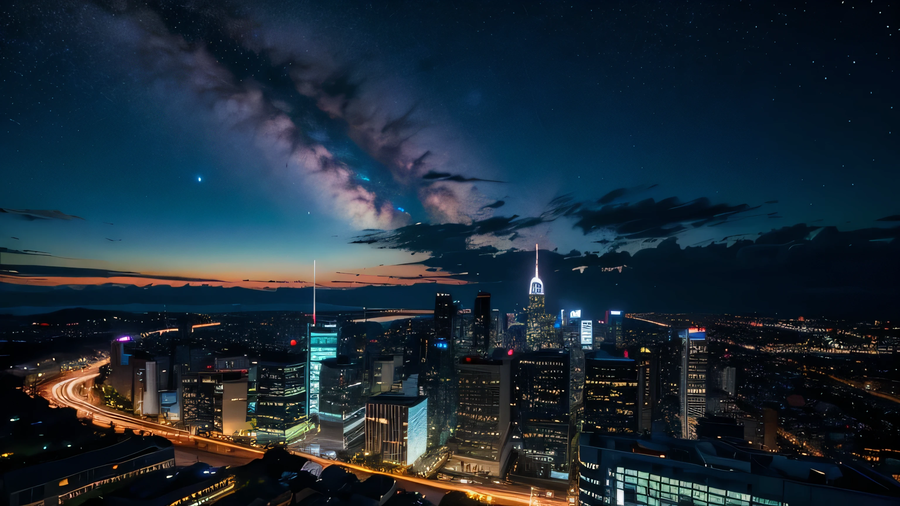 Wonderful landscape、Highest quality、Cityscape、Including sky、Starry Sky、night、Big Moon、Moonlit cityscape、building、There are no people, Makoto Shinkai's art style, 8