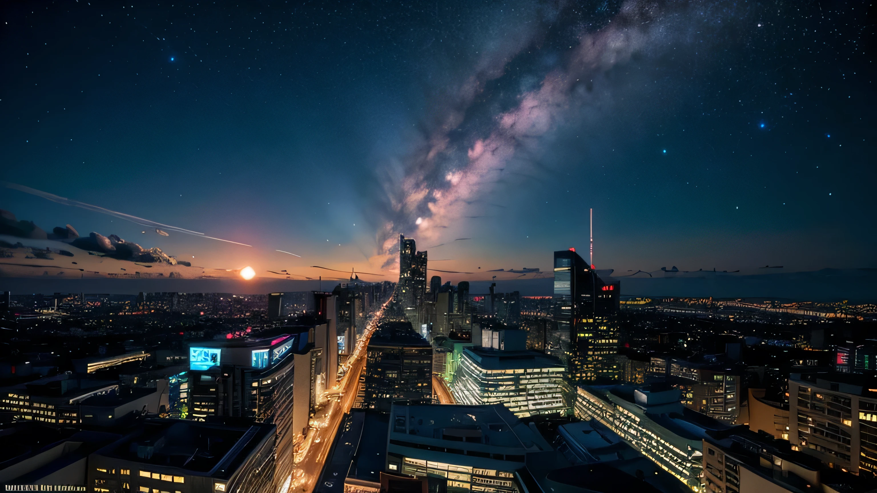 Wonderful landscape、Highest quality、Cityscape、Including sky、Starry Sky、night、Big Moon、Moonlit cityscape、building、There are no people, Makoto Shinkai's art style, 8