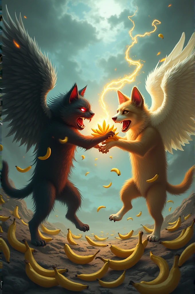 Demon cat fighting an angel dog, both with a banana in their hand