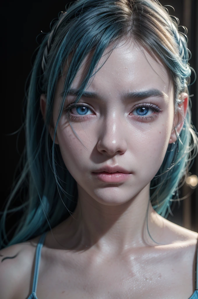 ((masterpiece)), best quality, extremely detailed face, ultra high res, (photorealistic:1.4), A cyborg girl with a post-war setting, girl with blue hair and white skin, pink mouth, cyborg girl crying, great lighting, mega realistic (detail skin:1.2),