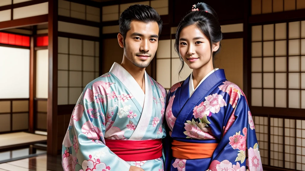 Beautiful man wearing a kimono　Beautiful woman wearing a kimono　About 20 Japanese nationals　Spirited