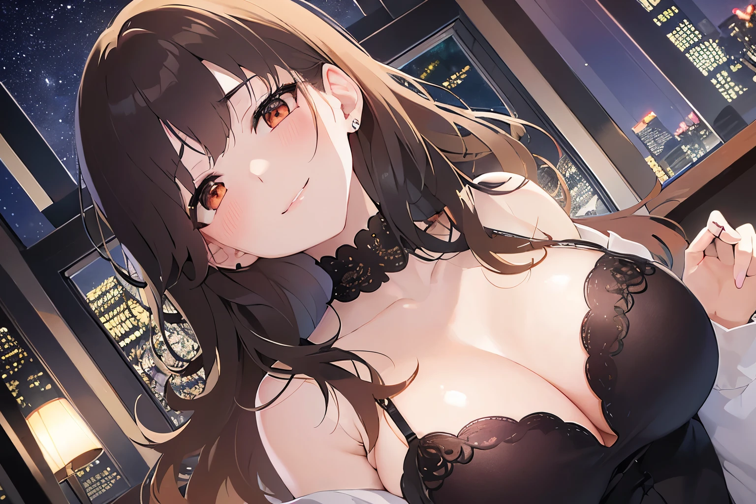 (hand on own chest:1.), cleavage, (night:1.5), upper body、looking up, Shooting from above、(pale skin: 1.2), shiny skin, shiny hair、(A 25-year-old woman with medium-length hair and bangs) and (wavy hair) and (brown hair) and (orange eyes) and (half closed eyes), (white) and (off shoulder blouse), smile, (blush:1.3), The background is a hotel room、Alone、Are standing