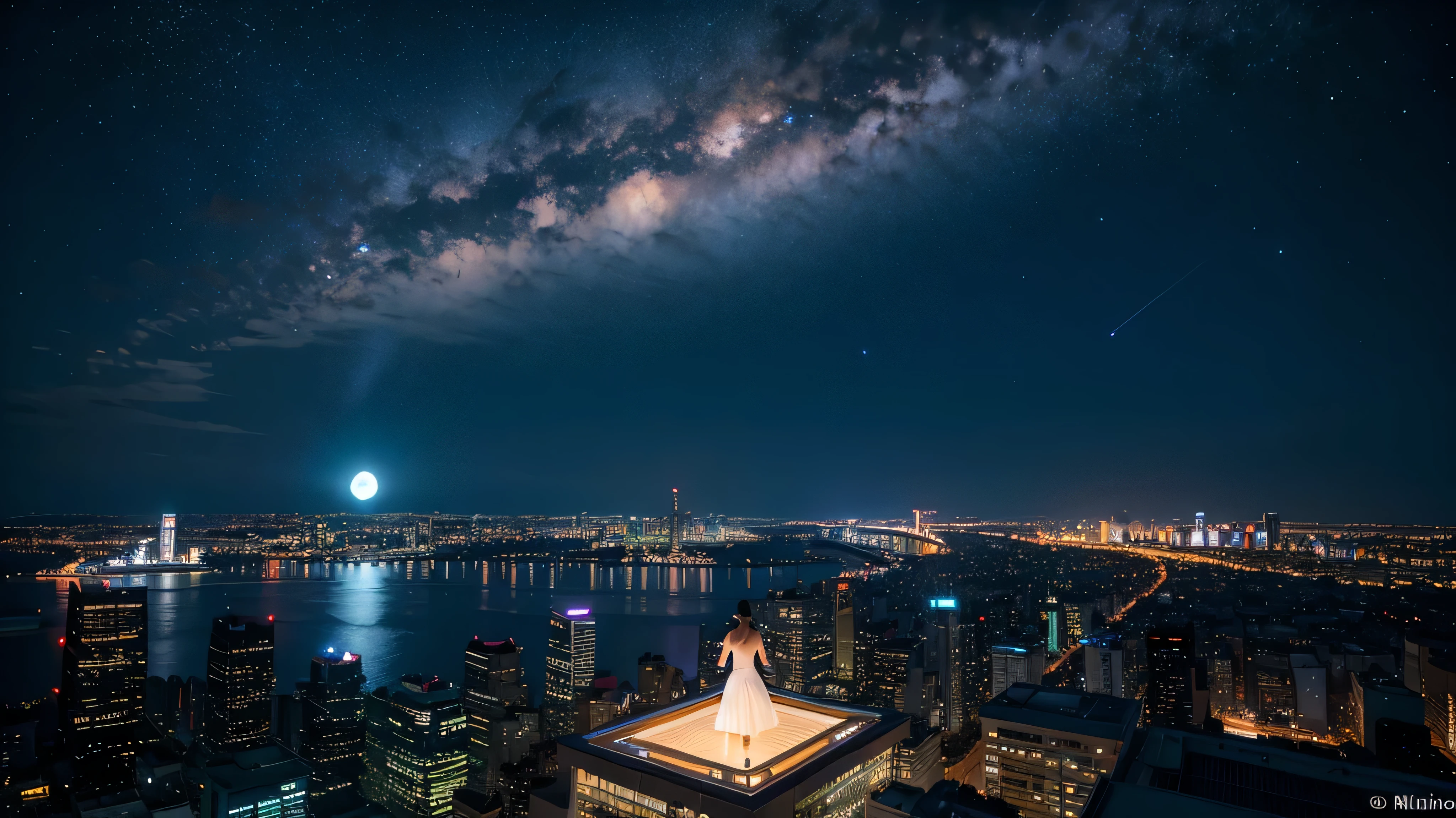 Wonderful landscape、Highest quality、Cityscape、Including sky、Starry Sky、night、Big Moon、Moonlit cityscape、building、There are no people, Makoto Shinkai's Worldview, 8K quality, Neon glows, Breathtakingly beautiful scenery,