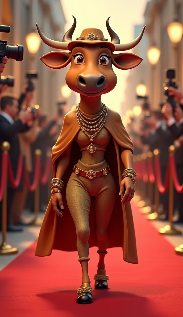 A 3d cartoon style Brown Ox with fancy clothes and a stunning outfit she acts like a woman on a red carpet knowing she is the best with a bunch of camera flashes on her
