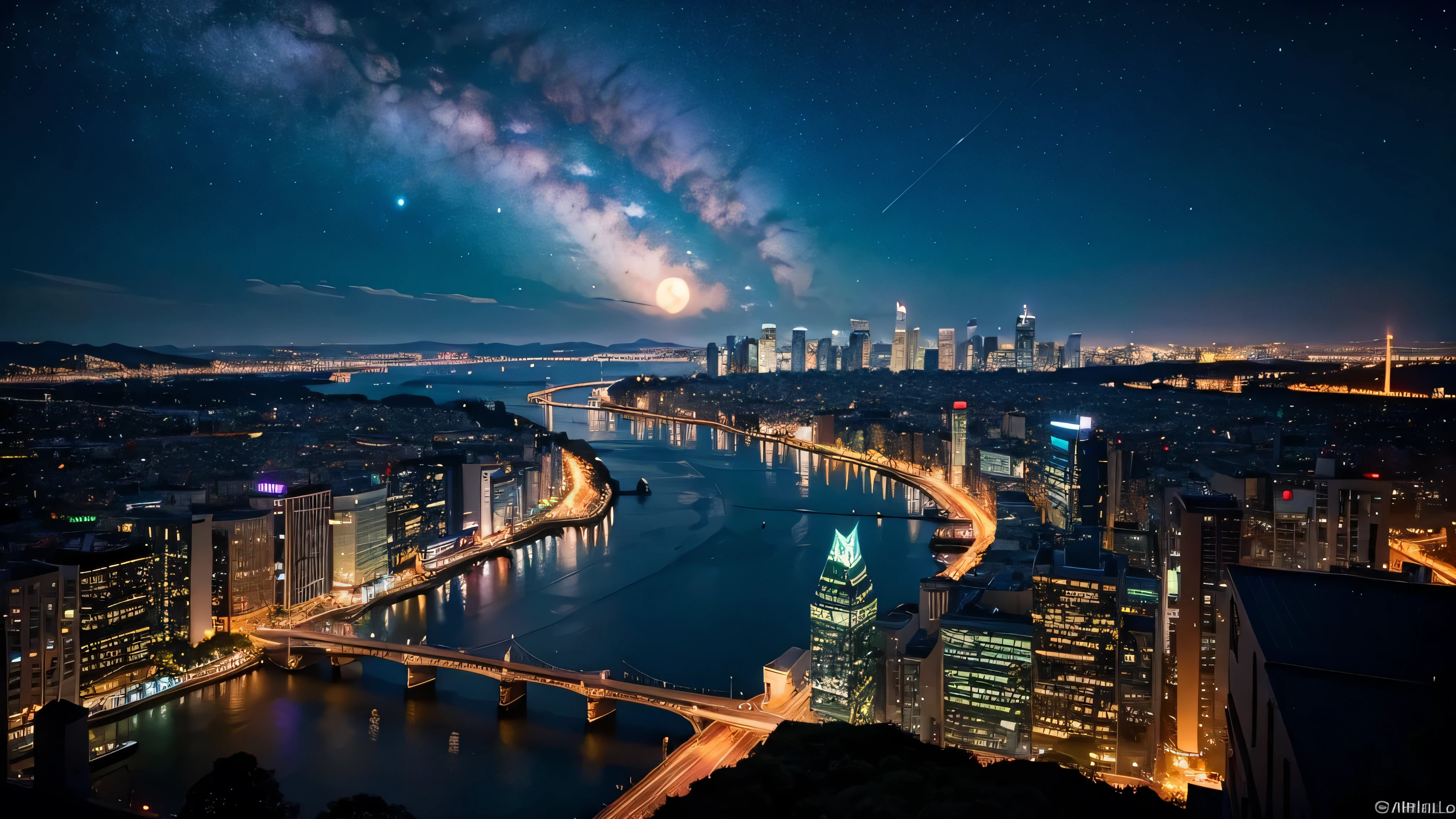 Wonderful landscape、Highest quality、Cityscape、Including sky、Starry Sky、night、Big Moon、Moonlit cityscape、building、There are no people, Makoto Shinkai's Worldview, 8K quality, Neon glows, Breathtakingly beautiful scenery,