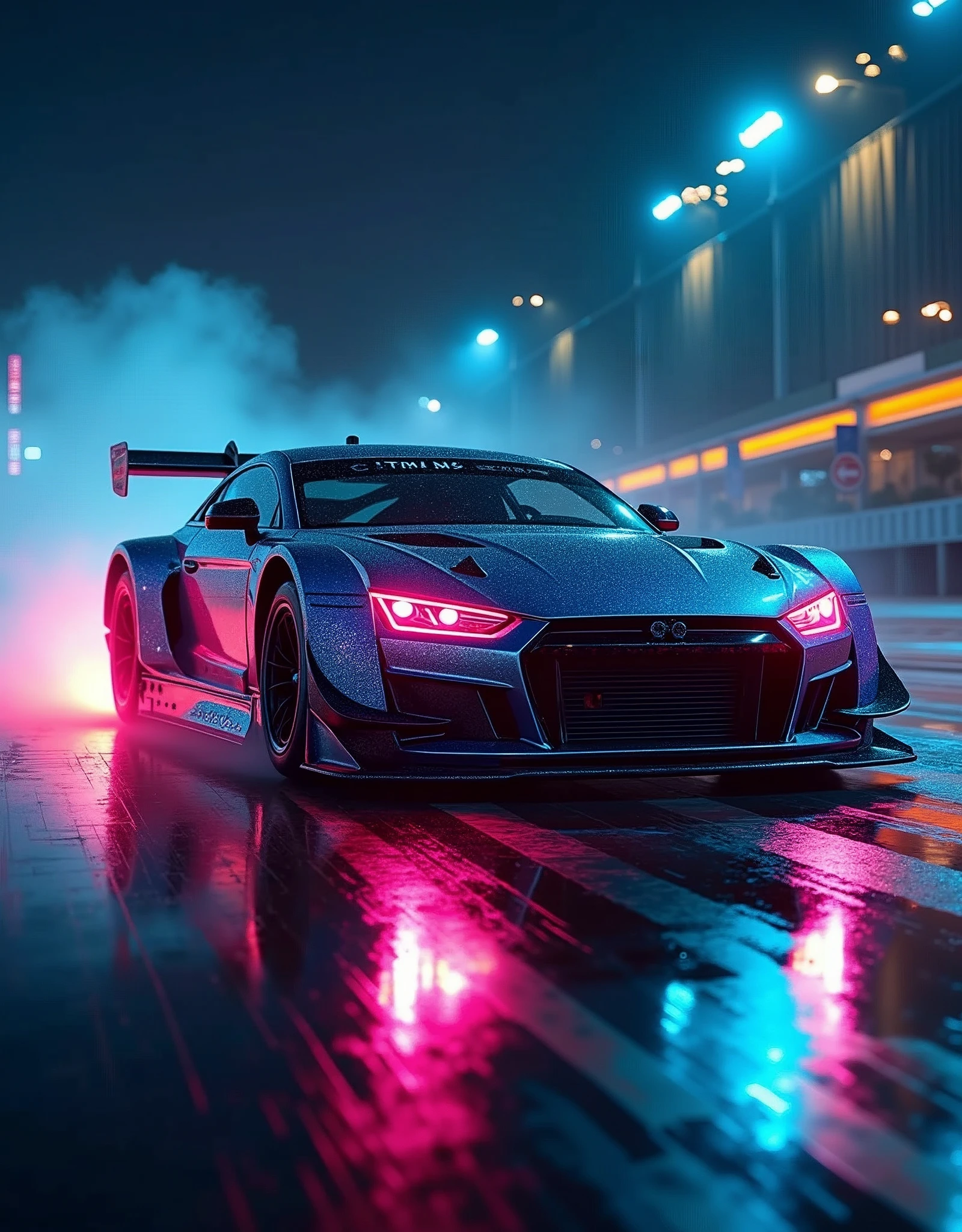 (masterpiece), best quality, ultra-detailed, 8K), race car, street racing-inspired,Drifting inspired, LED, ((Twin headlights)), (((Bright neon color racing stripes))), (Black racing wheels), Wheel spin showing motion, Show car in motion, Burnout, wide body kit, modified car, racing livery, masterpiece, best quality, realistic, ultra highres, (((depth of field))), (full dual colour neon lights:1.2), (hard dual color lighting:1.4), (detailed background), (masterpiece:1.2), (ultra detailed), (best quality), intricate, comprehensive cinematic, magical photography, (gradients), glossy, Night with galaxy sky, Fast action style, fire out of tail pipes, Sideways drifting in to a turn, Neon galaxy metalic paint with race stripes, GTR Nismo, NSX, Porsche, Lamborghini, Ferrari, Bugatti, Ariel Atom, BMW, Audi, Mazda, Toyota supra, Lamborghini Aventador, aesthetic,intricate, realistic,cinematic lighting, Neon Paint, streaks of fire,