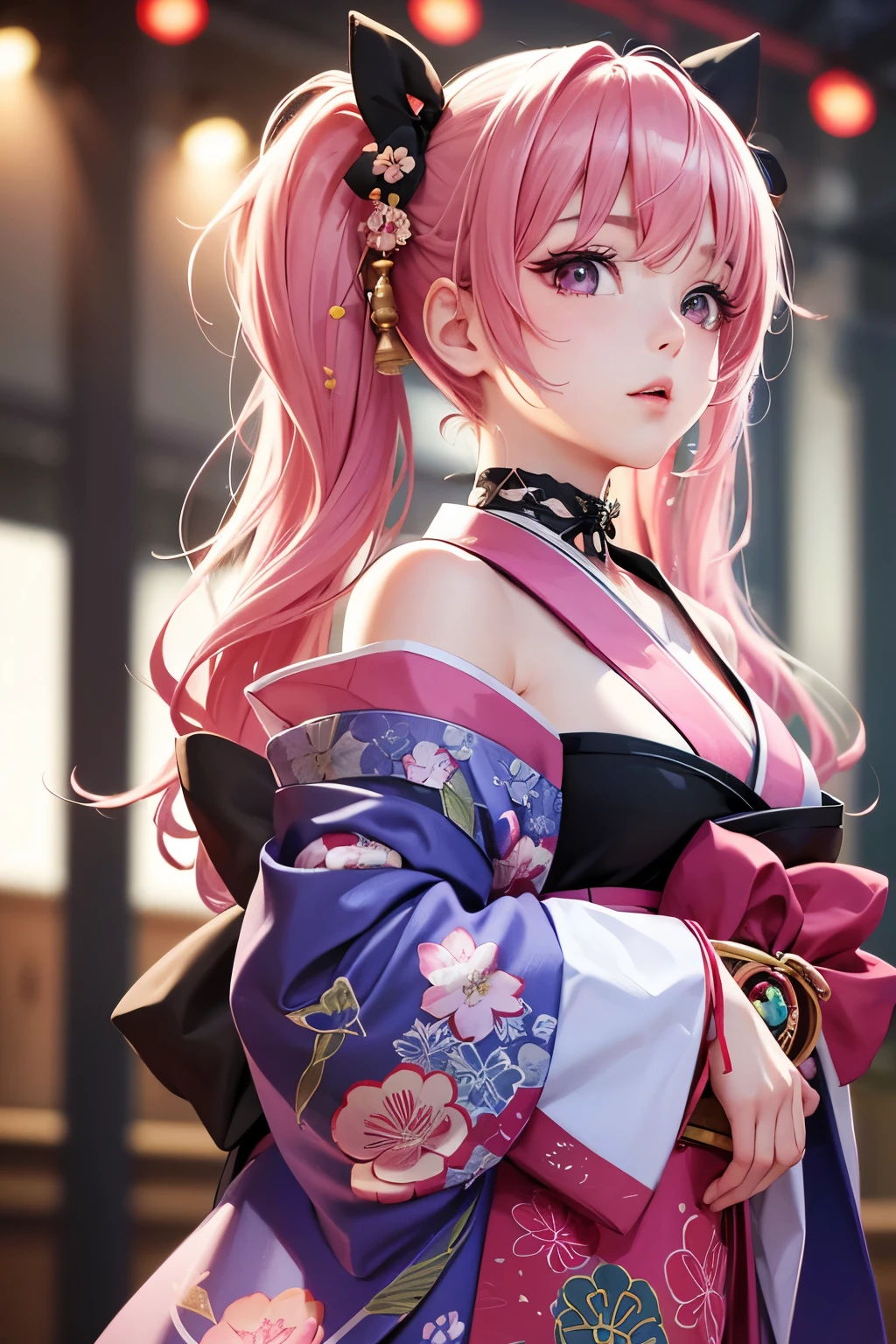 masterpiece, best quality, very detailed, high resolution, expensive resolution, high resolution, 4K, 8k, Unity 8k wallpaper, highly detailed CG, masterpiece, 2D, 3D, beautiful details, depth, fine texture, best quality: 1.3, perfect focus, crispy skin, he,
Very cute anime girl, girl playing guitar vocals in a band wearing a Japanese fancy floral haori hakama, on outdoor stage, full body, expensive pink twin tail hair, mole under eye, looking at the viewer, expensive, blush, mole, lips open, , heart choker, pink eyes, guitar vocals, stage