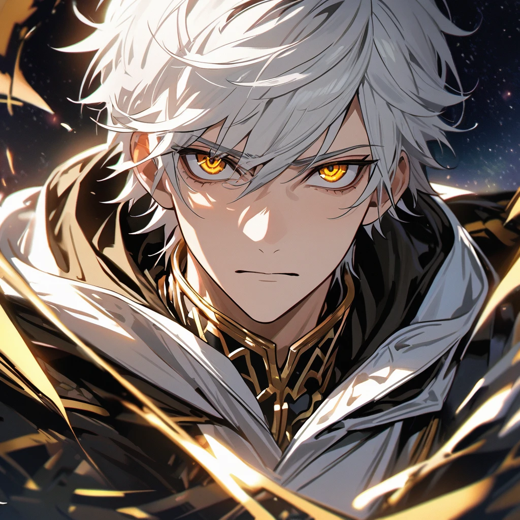 High quality, HD, 4k, no shadows, handsome male, 1male, , teenager, shwhite hair, silver hair, white hair, sharp eyes, deep gold colored eyes, dark golden colored eyes, deep gold eyes, gold eyes, devil may cry, close up, calm expression, stoic expression, black leather clothes, white leather clothing, lean body, well trained body, upper body, looking at viewer, cowboy shot, white solar, space background