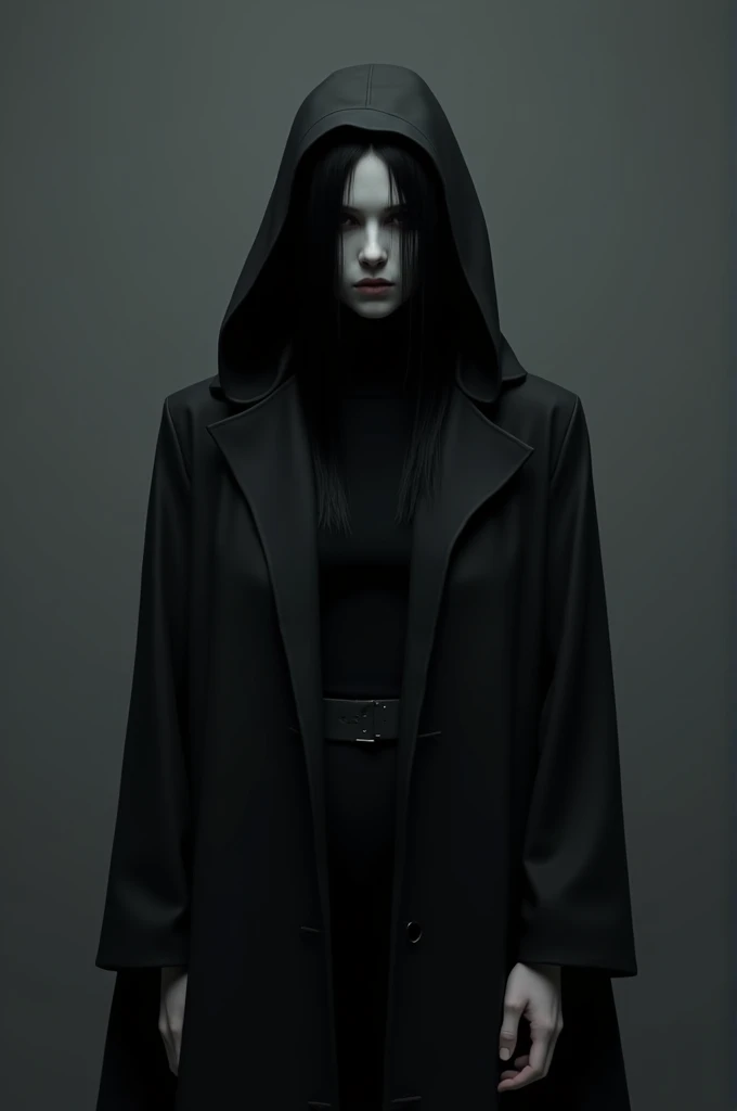Black clothes, black hair, white skin, no face, emo
