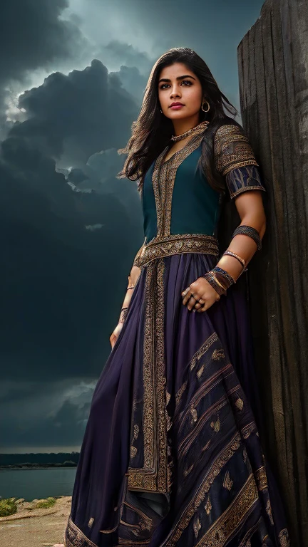 Visualize Razia Sultana, a determined and fierce woman, standing at the gates of a grand fortress. A stormy sky above her mirrors the turmoil in her life as she faces challenges and obstacles on her path to rule the Islamic empire in India. Lightning flashes, emphasizing the turbulent nature of her ascent.