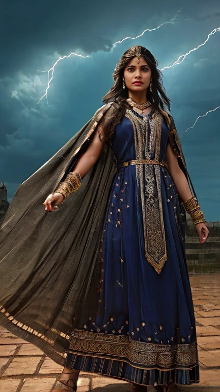 Visualize Razia Sultana, a determined and fierce woman, standing at the gates of a grand fortress. A stormy sky above her mirrors the turmoil in her life as she faces challenges and obstacles on her path to rule the Islamic empire in India. Lightning flashes, emphasizing the turbulent nature of her ascent.